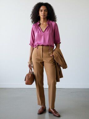 Bishop + Young Pink Satin Blouse Ruffle Neck Size XS